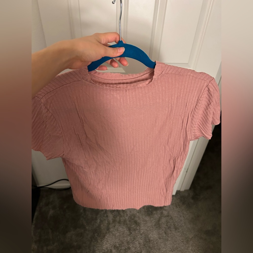 Bershka Dusty Pink Ribbed Short Sleeve Top